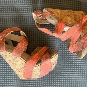 JustFab Coral-Orange Crisscross Cork Wedge Heels